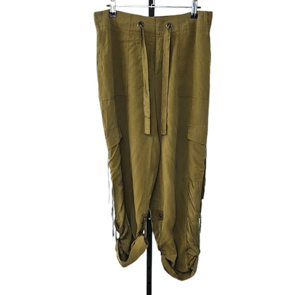 GO SILK Cargo Jogger Pant 100% Silk Size Small Olive Green Pockets Adjustable - Picture 2 of 9